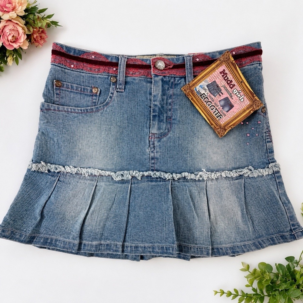 Vintage Y2K Mudd Girls 12 Denim Skort Scooter Pleated Rhinestone Lace Girly NWT